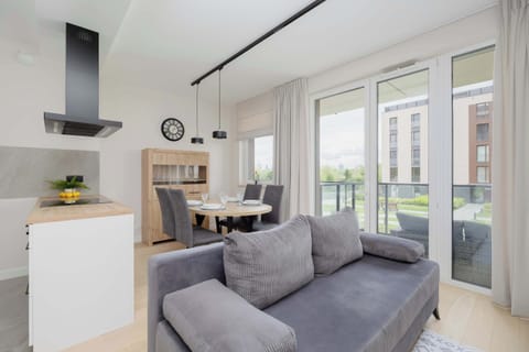 The spacious living room with a sofa and large balcony windows invites you to relax in natural light and offers access to a private terrace.