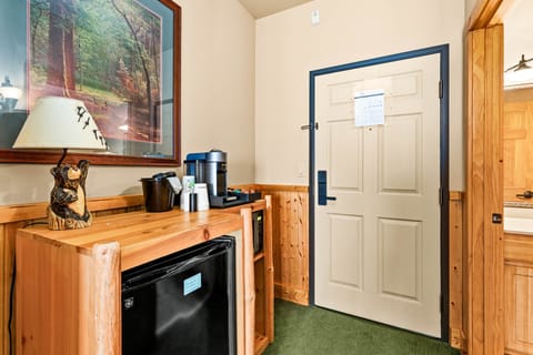 A microwave, mini fridge, and coffee essentials—perfect for easy morning