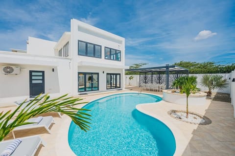 Sleek, modern white villa with a stunning curvy pool, a covered outdoor dining area, and a sunny sky.