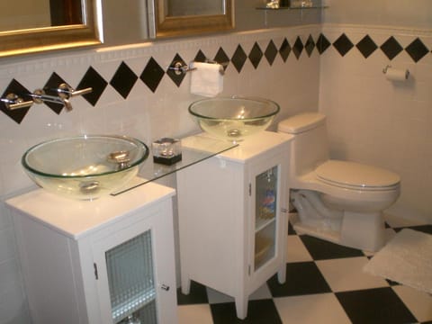 Combined shower/tub, hair dryer, bathrobes, towels