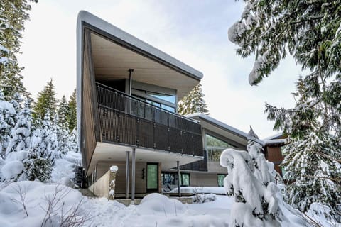 - Striking mountain home design with bold modern architecture  
- Set amidst snow-covered pines and serene alpine views  
- A winter retreat blending wood warmth and geometric style  