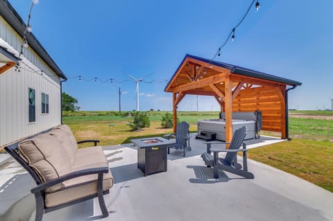 Patio | Gazebo w/ Private Hot Tub | Outdoor Seating | Farm Views