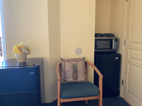 Microwave with double burners on top of it . 2 frigs-both have freezers