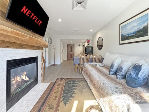 Cozy living room with gas fireplace smart lcs tv and a sofa bed with two twin mattresses