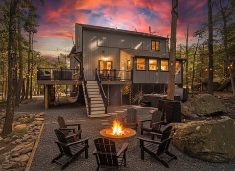 Step outside at dusk and find your evening already planned — fire crackling in the stone pit,
Adirondack chairs pulled close, hot tub glowing at the edge of the deck, and a sunset sky you can't manufacture.