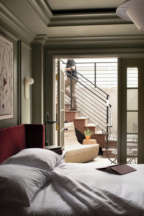 Petite Queen with private Patio | Premium bedding, pillowtop beds, free WiFi, bed sheets