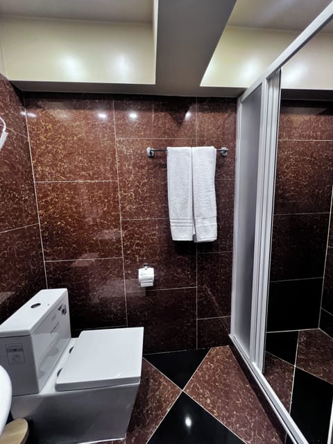 Shower, hair dryer, towels, shampoo