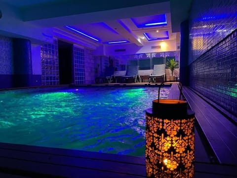 Indoor pool, open 11:00 AM to 9:00 PM, sun loungers