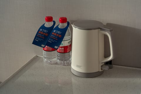 Down comforters, desk, laptop workspace, blackout drapes