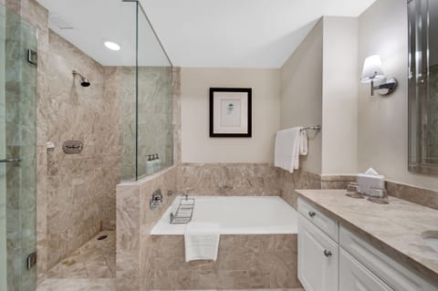 Separate tub and shower, free toiletries, towels, soap