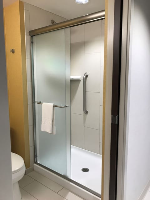 Shower, free toiletries, hair dryer, towels