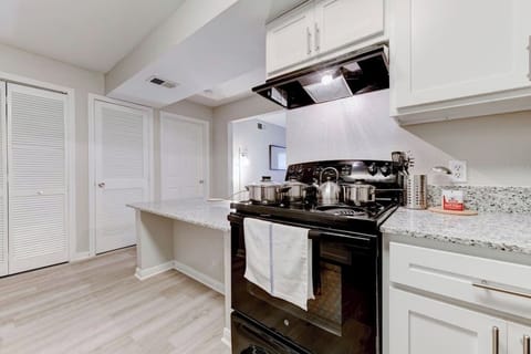 Close-up of the kitchen showcasing stove and cabinetry
