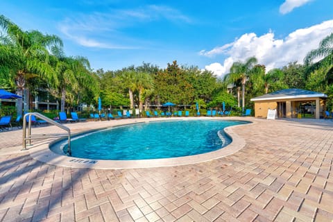 Relax by the spacious outdoor pool surrounded by palm trees and lounge chairs.