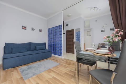 A bright living area with a fold-out sofa and dining table invites shared meals or relaxation with a book.