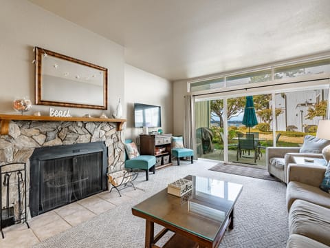 Cozy living room with stone fireplace and garden views