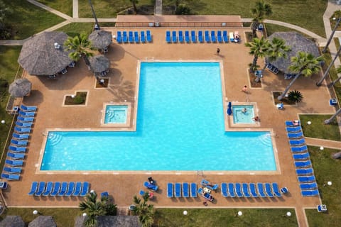 Resort-style pool retreat with hot tubs, shuffleboard, palapa cabanas & lush tropical landscaping—perfect for relaxing under the sun or entertaining guests in a serene, well-appointed outdoor space.