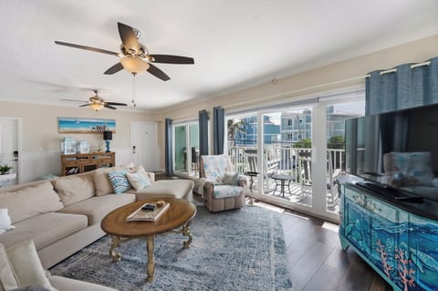 Lots of light from the wall of sliding doors that look out to the balcony
