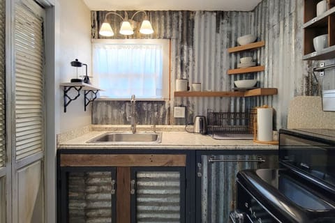 Kitchenette with large sink, dishes, French press, and pour over for morning coffee- coffee and tea provided!