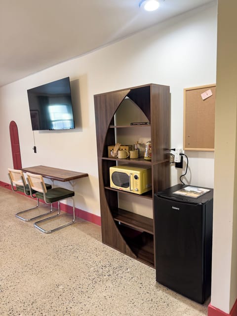 Desk area, coffee + tea station, microwave, mini fridge