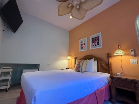 Plumeria Room with queen bed, comfort of AC, ceiling fan, smart TV. Mini-fridge, private bathroom.