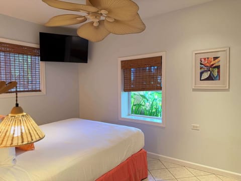 Hibiscus Room with queen bed, comfort of AC, ceiling fan, smart TV, western facing. Kitchenette and private bathroom
