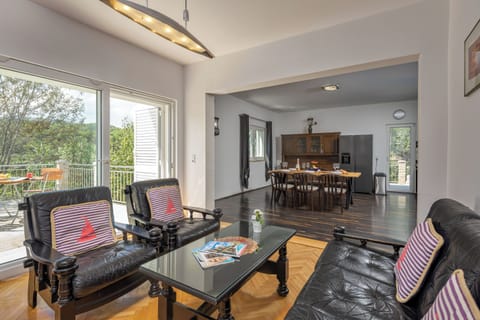 Family House, Multiple Bedrooms, 2 Bathrooms (Holiday Home with Pool near Makarsk) | Living area | 21-inch flat-screen TV with satellite channels, fireplace