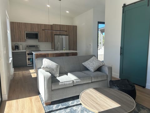 Kitchen island and living room