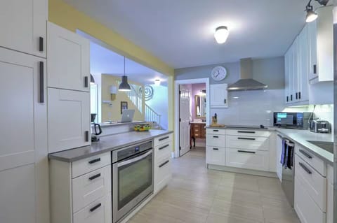 Modern kitchen with sleek counters and new stainless appliances