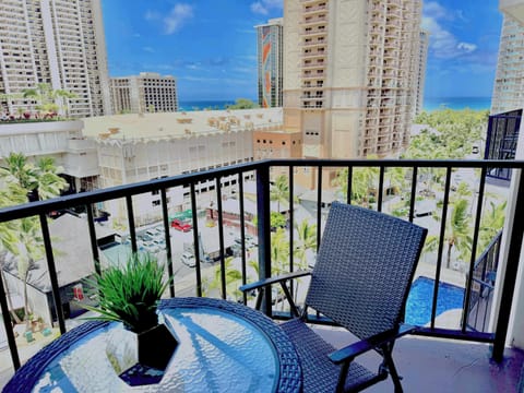 The balcony with chairs and table for ocean view