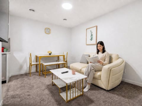 Well-appointed living room with contemporary furnishings and dining table