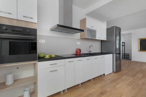 Sleek modern kitchen with integrated appliances and wooden flooring.