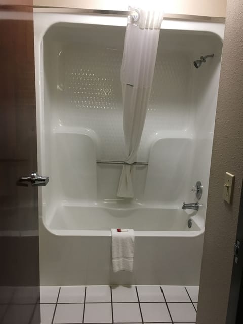 Combined shower/tub, free toiletries, hair dryer, towels