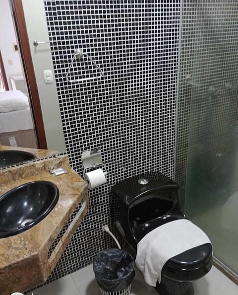 Shower, towels, soap, toilet paper