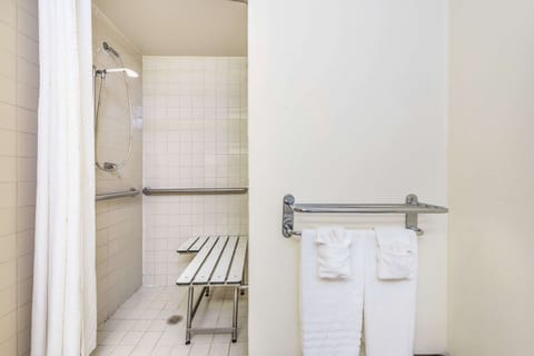 Combined shower/tub, free toiletries, hair dryer, towels