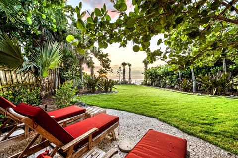 Stretch out on bold red chaises as soft sea breezes drift across the lawn — just beyond, the Gulf shimmers, beckoning you for a barefoot walk in the sand.