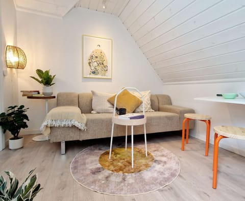 Small and cozy living space with couch, TV, and dining table