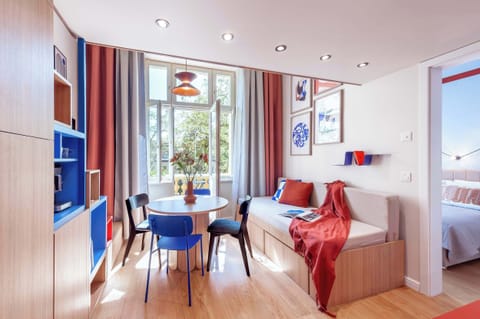 Spacious loft apartment with two bedrooms. In lower floor there is bedroom with queen size bed and living room with kitchen and convertible bed which was tailored made to have option be prepared as sofa or proper queen size bed