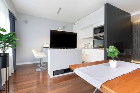 Another angle of the living area with a mounted TV, sleek furniture, and potted plants. The open-plan layout feels bright and welcoming.