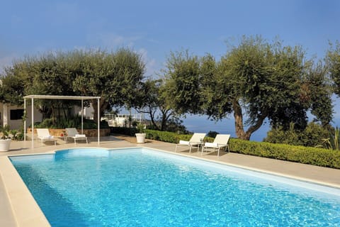 The panoramic, olive tree-flanked pool has mountain and sea views.
