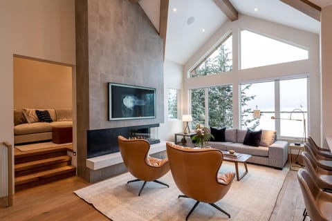Main entertainment space, and modern living room with high end finishes, vaulted ceilings. Smart Art TV, fireplace