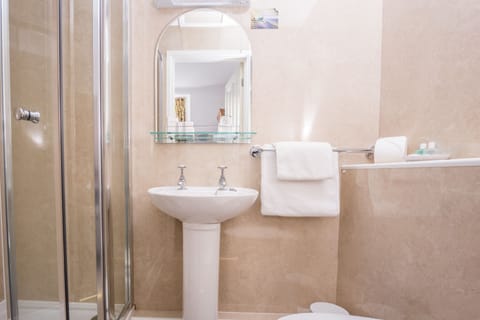 Combined shower/tub, free toiletries, hair dryer, towels