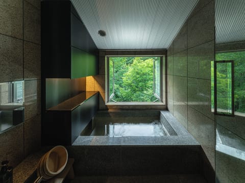 Junior Suite with Semi-Open-Air Onsen | Bathroom | Separate tub and shower, spring water tub, free toiletries, hair dryer
