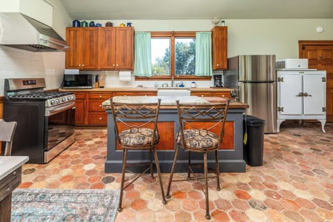 Kitchen overview featuring the island, stainless steel appliances, and vintage fridge.