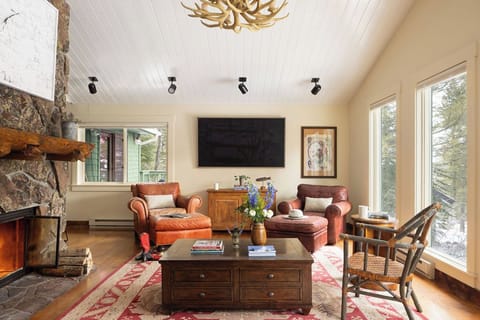 Living Room with a wood burning fireplace