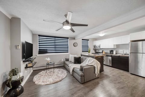 Experience modern comfort in our open-concept living & kitchen! Relax on the stylish sofa with a throw, enjoy entertainment on the TV, and cook in the fully equipped kitchen. Ceiling fan, chic blinds, and contemporary decor enhance your stay.