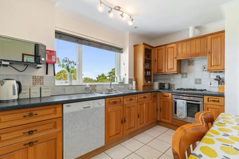 Wood wall and base units. Dishwasher, electric oven and gas hob