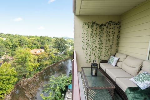  Step out onto your private balcony and soak in sweeping river and treetop views. With cozy seating, lush greenery, and the soothing rush of the Little Pigeon River, it's the perfect spot to savor morning coffee or unwind with evening wine.
