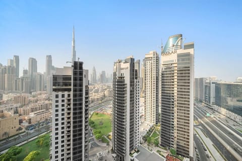 Stunning skyline view featuring Burj Khalifa and surrounding high-rises.