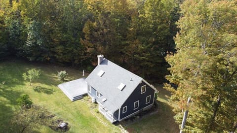 Drone view of Hidden Kingdom highlighting the private wooded setting, open lawn, and deck.