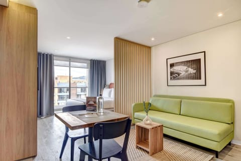 Living room with sofa and warm lighting